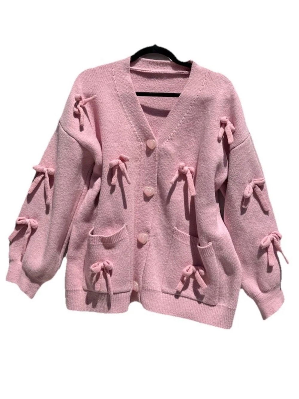 Baby Pink Solid Knit Cardigan Sweater V-Neck Long Sleeve Bow Button Pockets XL